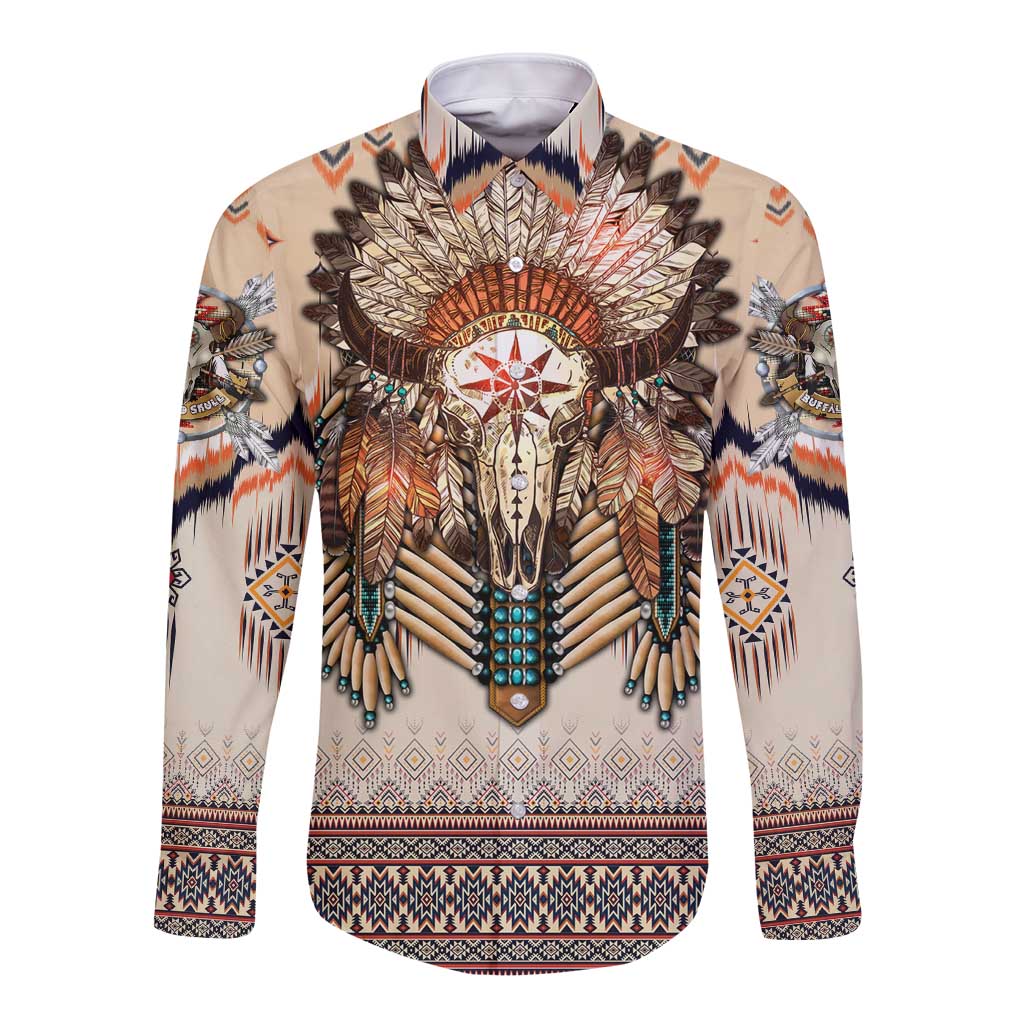 Native American Long Sleeve Button Shirt Buffalo Skull - Wonder Print Shop