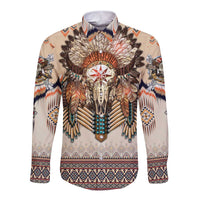 Beige long sleeve button shirt with Native American buffalo skull headdress graphic
