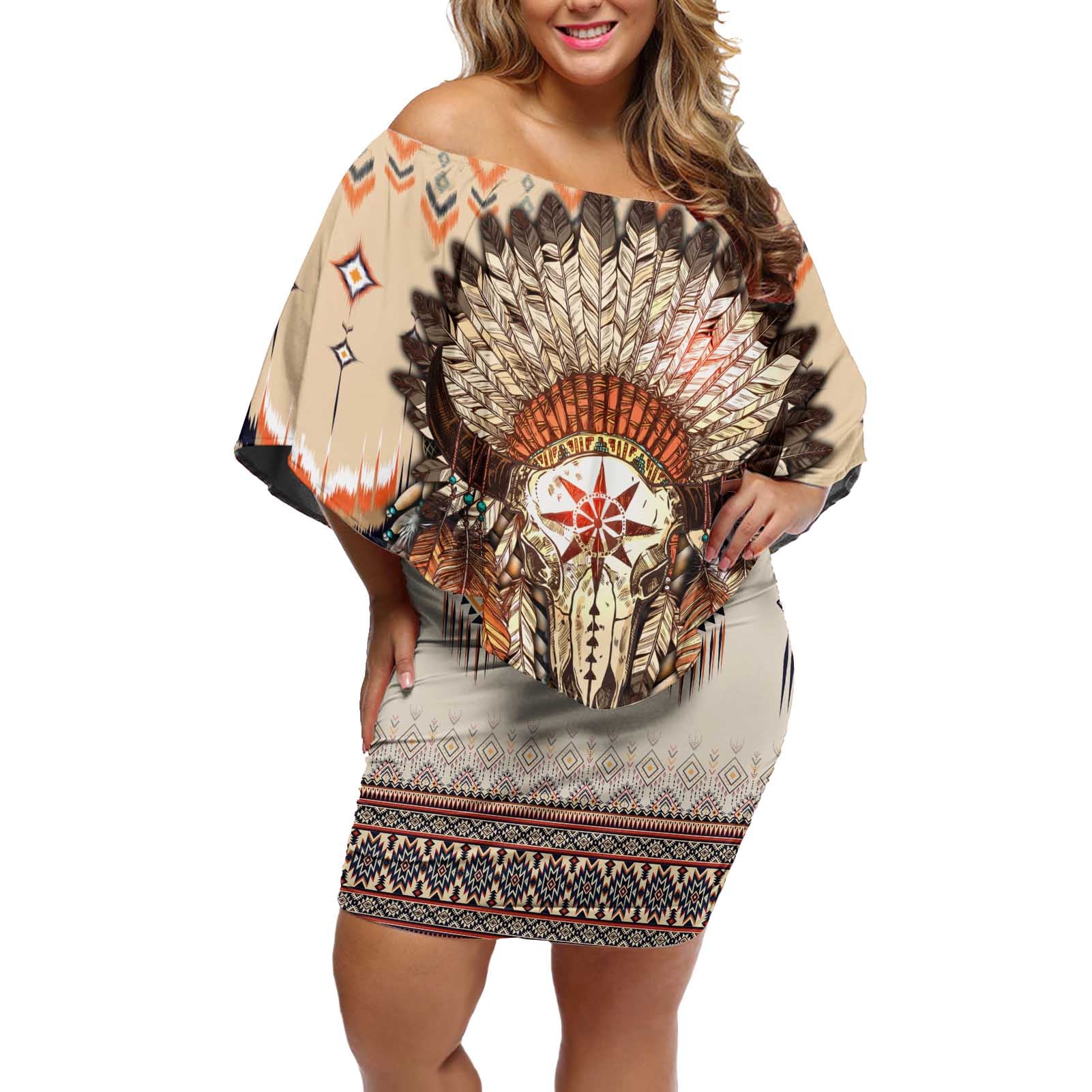 Native American Off Shoulder Short Dress Buffalo Skull - Wonder Print Shop