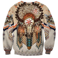 Beige unisex sweatshirt, front buffalo skull dreamcatcher print with native patterns