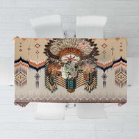 Beige tablecloth featuring a large buffalo skull with vibrant Native American motifs.