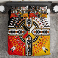 Geometric Native American bedding set with black, white, red, and yellow cross design.