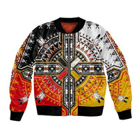 Native print bomber jacket with black, red, yellow, and white geometric front zip