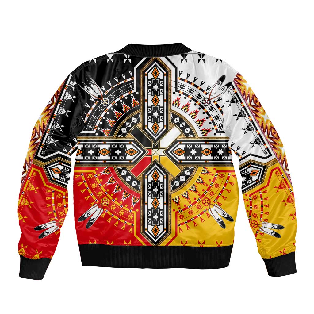 Native print bomber jacket with black and white geometric back panel, red and yellow accents