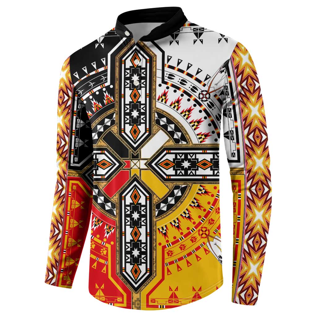 Button-front sweatshirt with tribal geometric print in black, red, and yellow; long sleeves