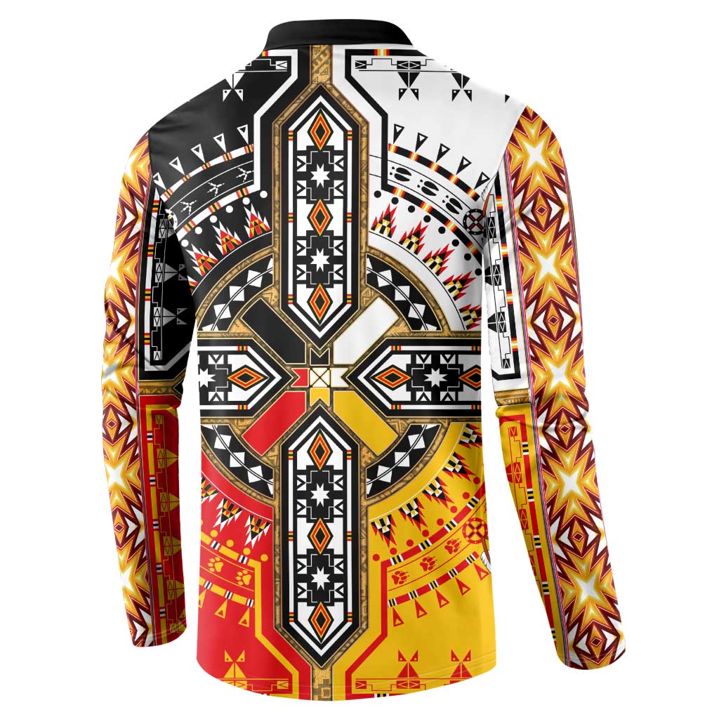 Button-front sweatshirt back with tribal geometric print, black and gold center, red and yellow