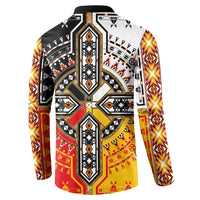 Button-front sweatshirt back with tribal geometric print, black and gold center, red and yellow