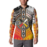 Button-front sweatshirt with bold tribal print, black neckline, red and yellow; long sleeves