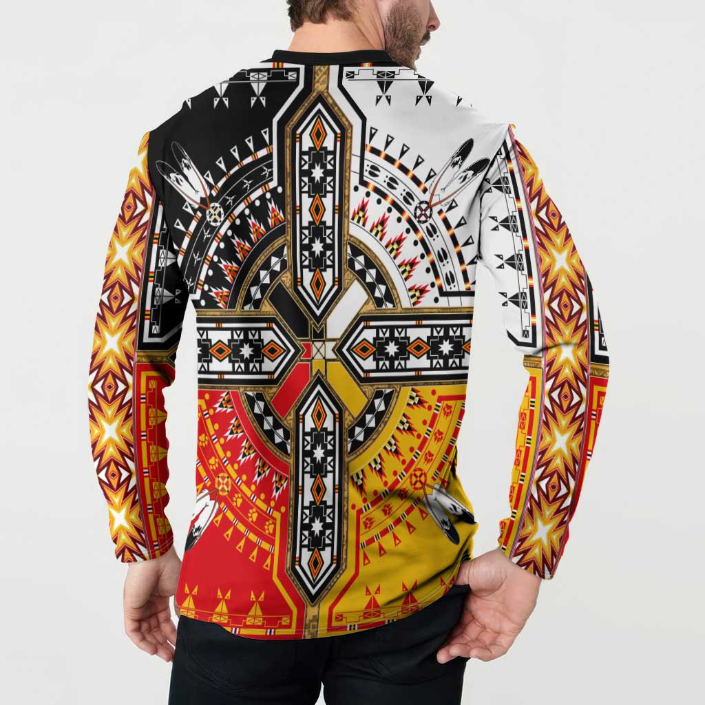 Button-front sweatshirt back with tribal geometric print, black collar; red, yellow, and gold