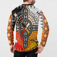 Button-front sweatshirt back with tribal geometric print, black collar; red, yellow, and gold