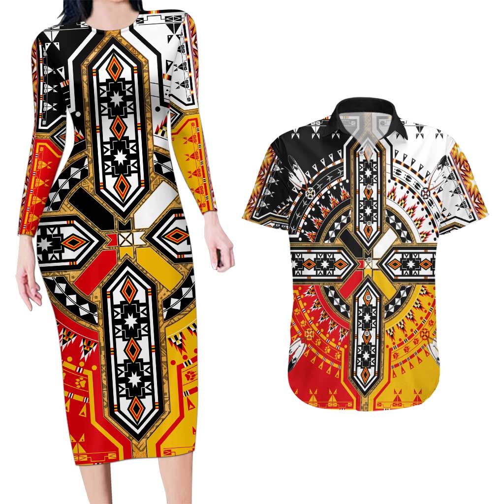 Four Directions Native American Couples Matching Long Sleeve Bodycon Dress and Hawaiian Shirt