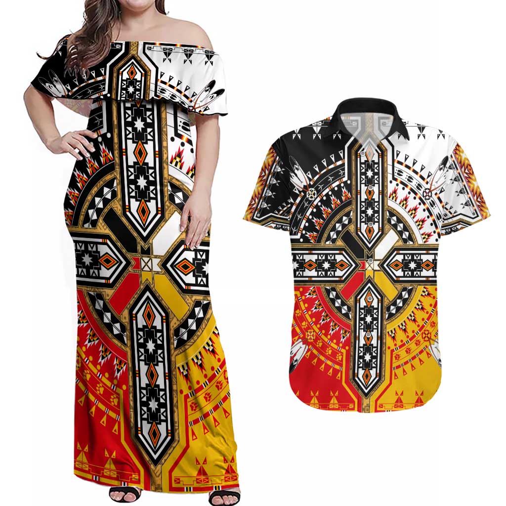 Four Directions Native American Couples Matching Off Shoulder Maxi Dress and Hawaiian Shirt