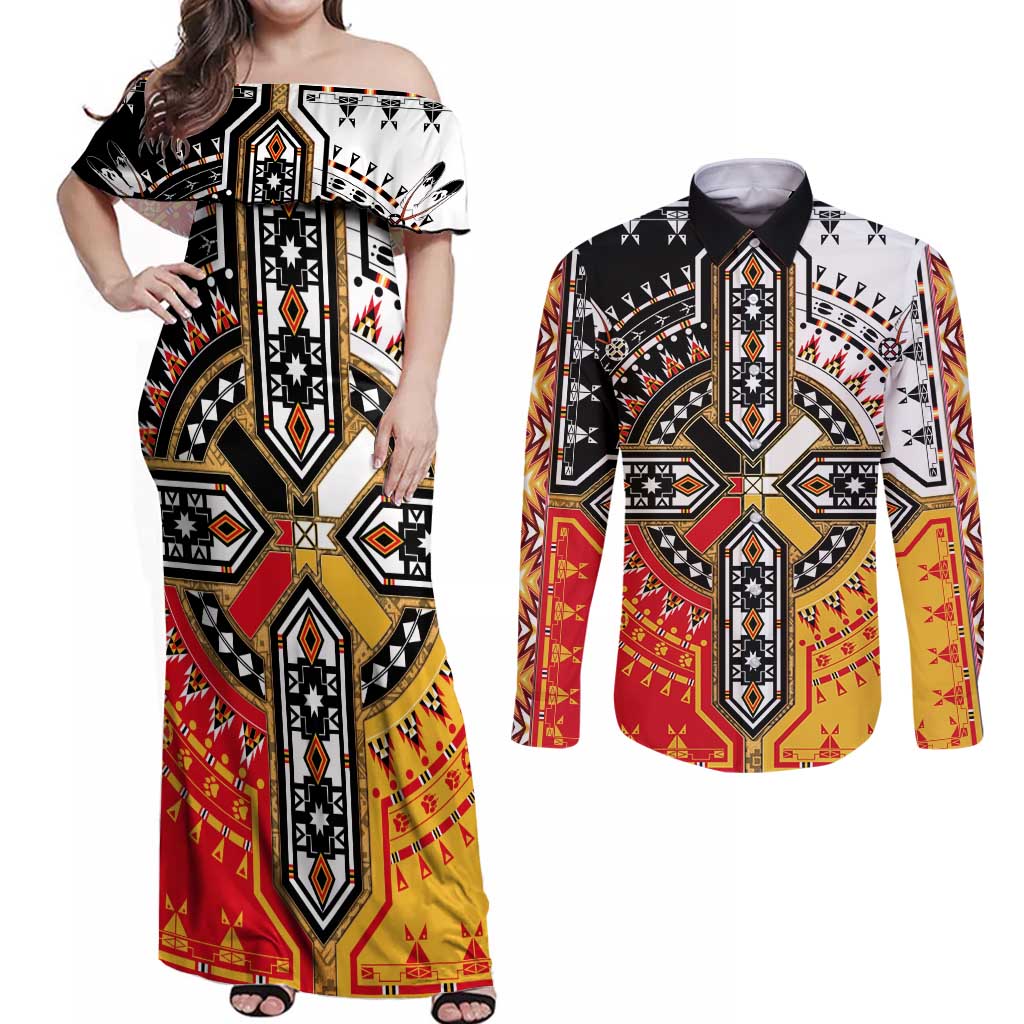 Four Directions Native American Couples Matching Off Shoulder Maxi Dress and Long Sleeve Button Shirt