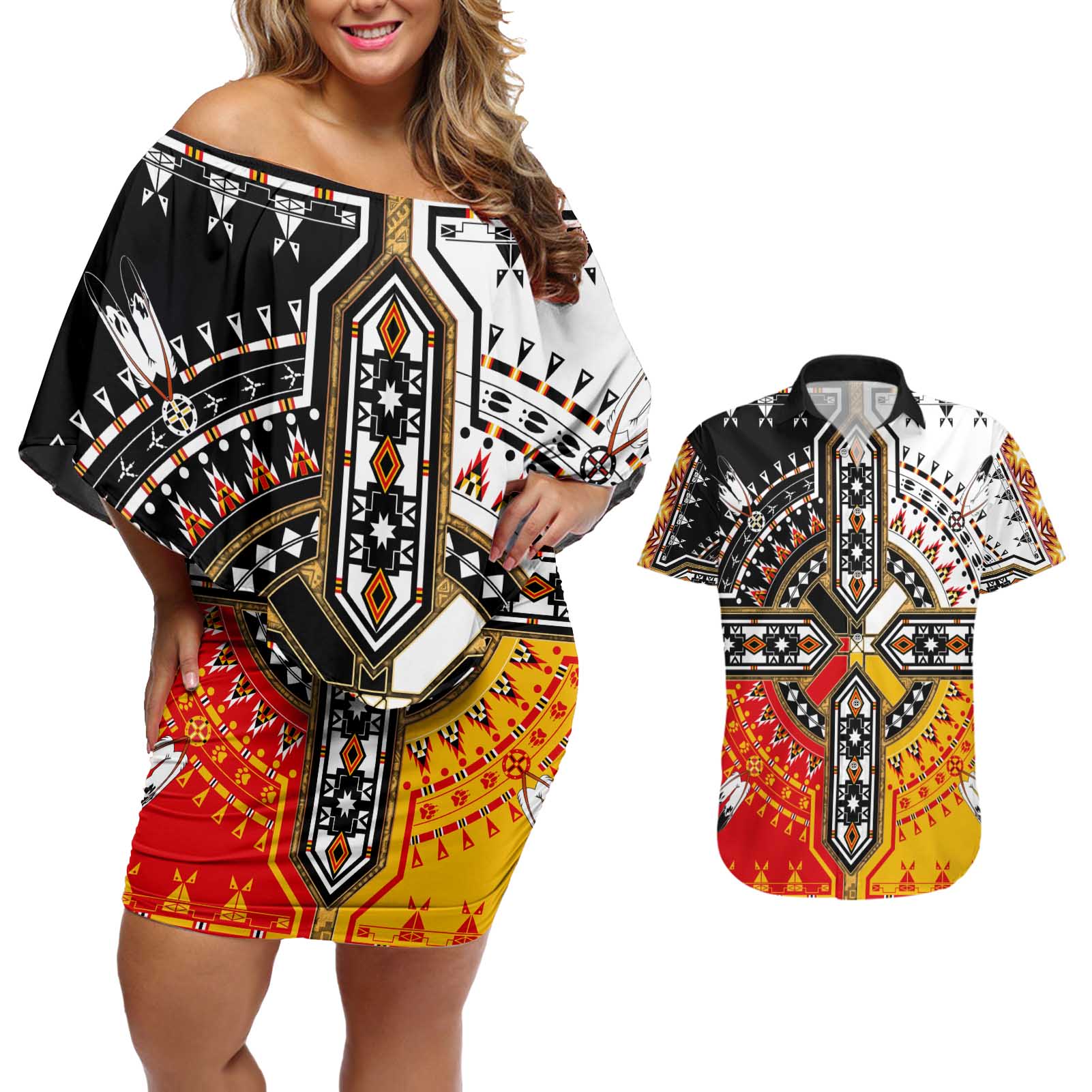 Four Directions Native American Couples Matching Off Shoulder Short Dress and Hawaiian Shirt - Wonder Print Shop