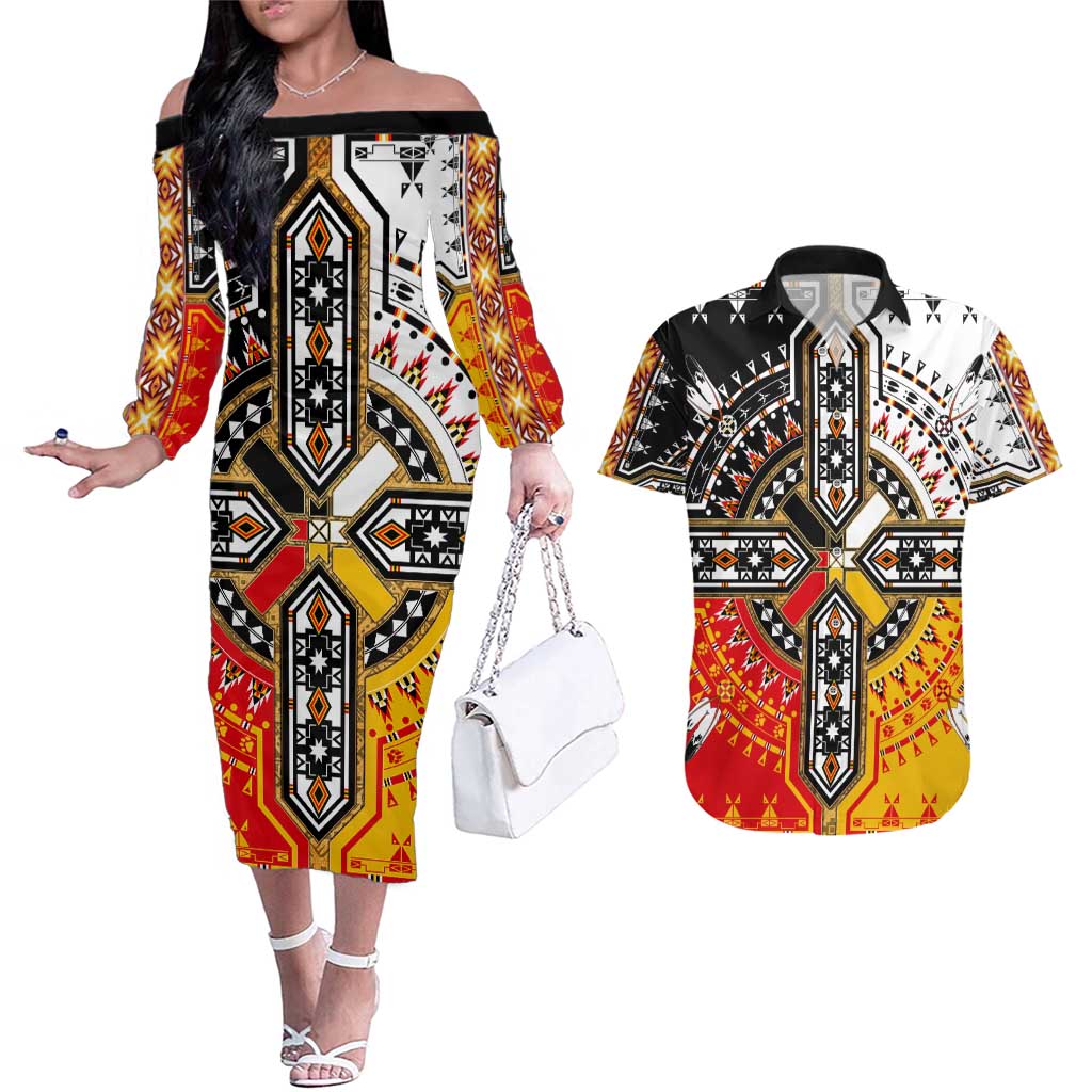 Four Directions Native American Couples Matching Off The Shoulder Long Sleeve Dress and Hawaiian Shirt