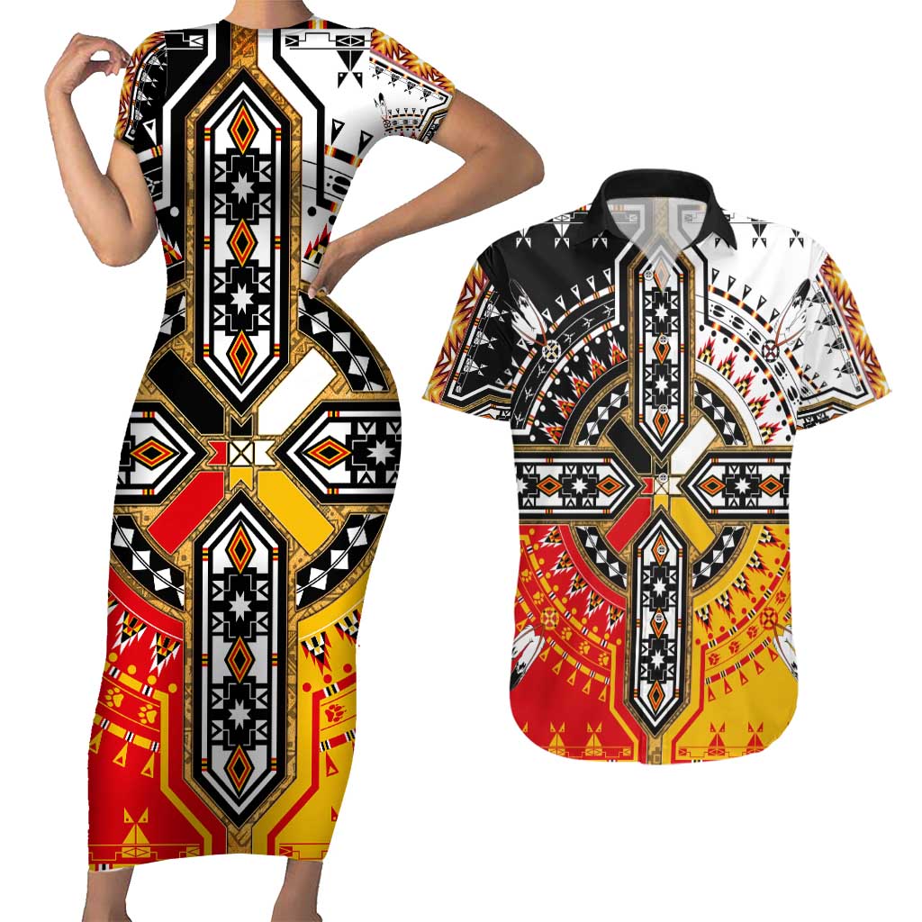 Four Directions Native American Couples Matching Short Sleeve Bodycon Dress and Hawaiian Shirt - Wonder Print Shop