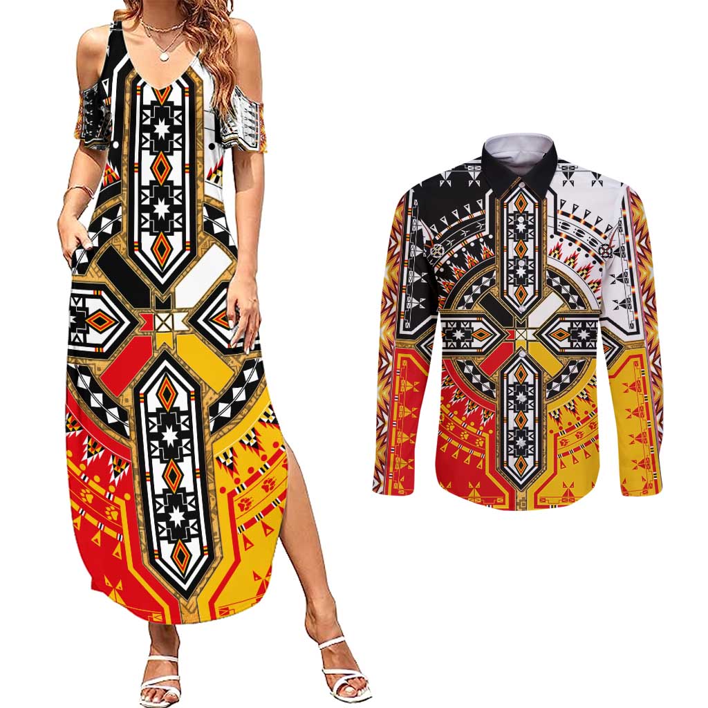 Four Directions Native American Couples Matching Summer Maxi Dress and Long Sleeve Button Shirt