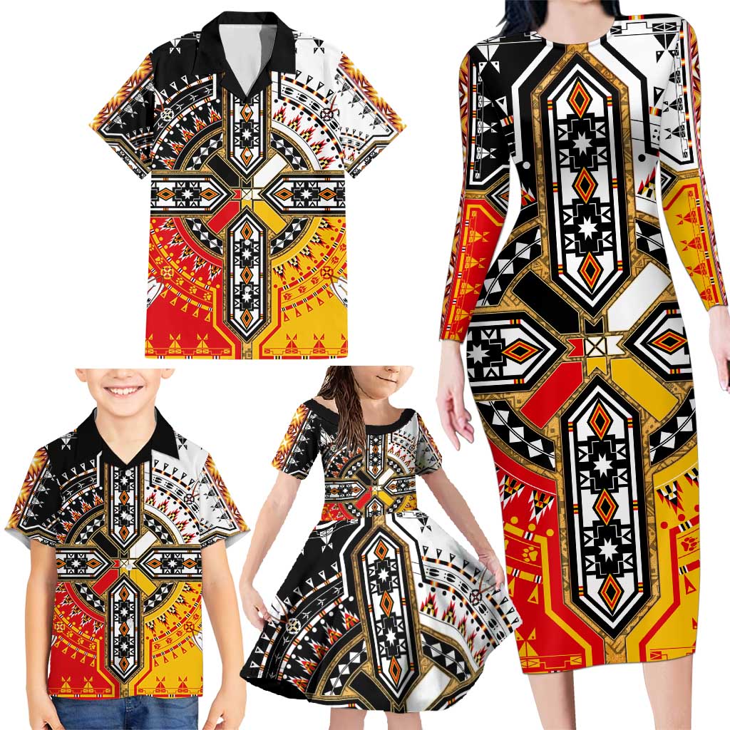 Four Directions Native American Family Matching Long Sleeve Bodycon Dress and Hawaiian Shirt