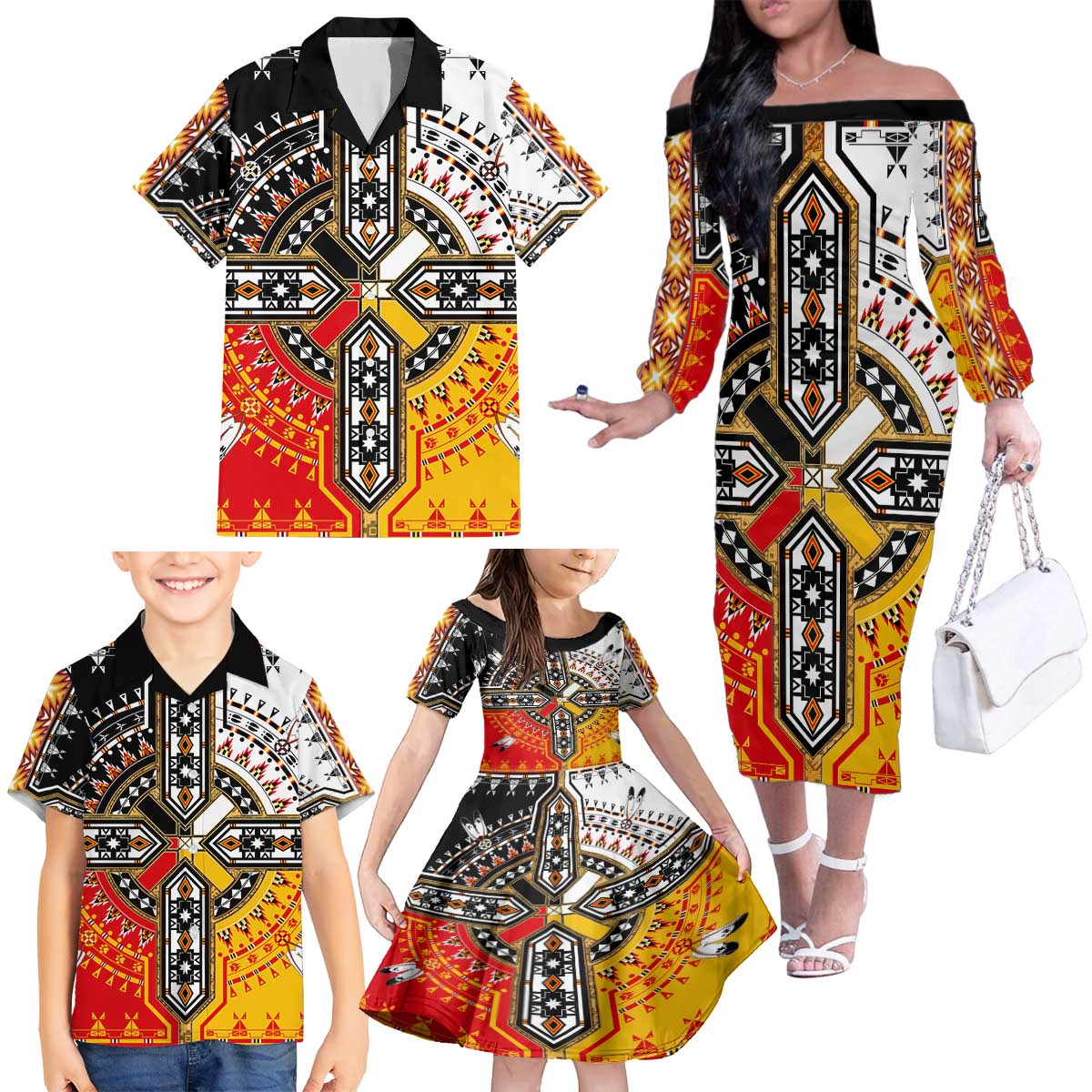 Four Directions Native American Family Matching Off The Shoulder Long Sleeve Dress and Hawaiian Shirt