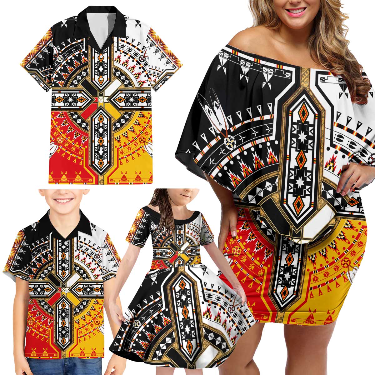 Four Directions Native American Family Matching Off Shoulder Short Dress and Hawaiian Shirt - Wonder Print Shop