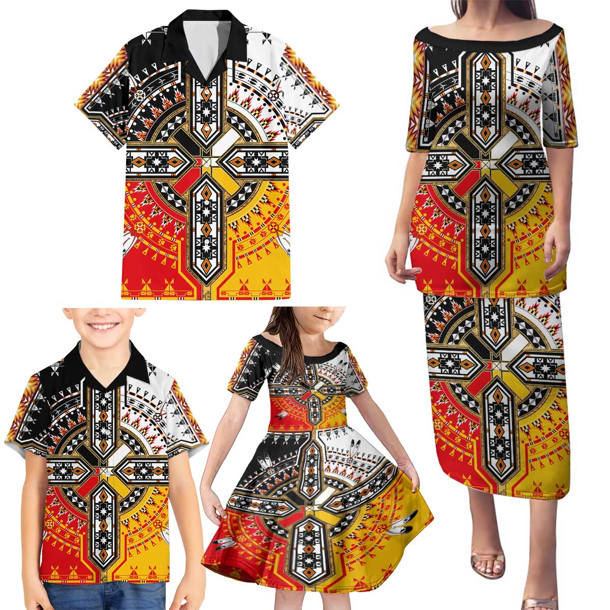 Four Directions Native American Family Matching Puletasi and Hawaiian Shirt - Wonder Print Shop