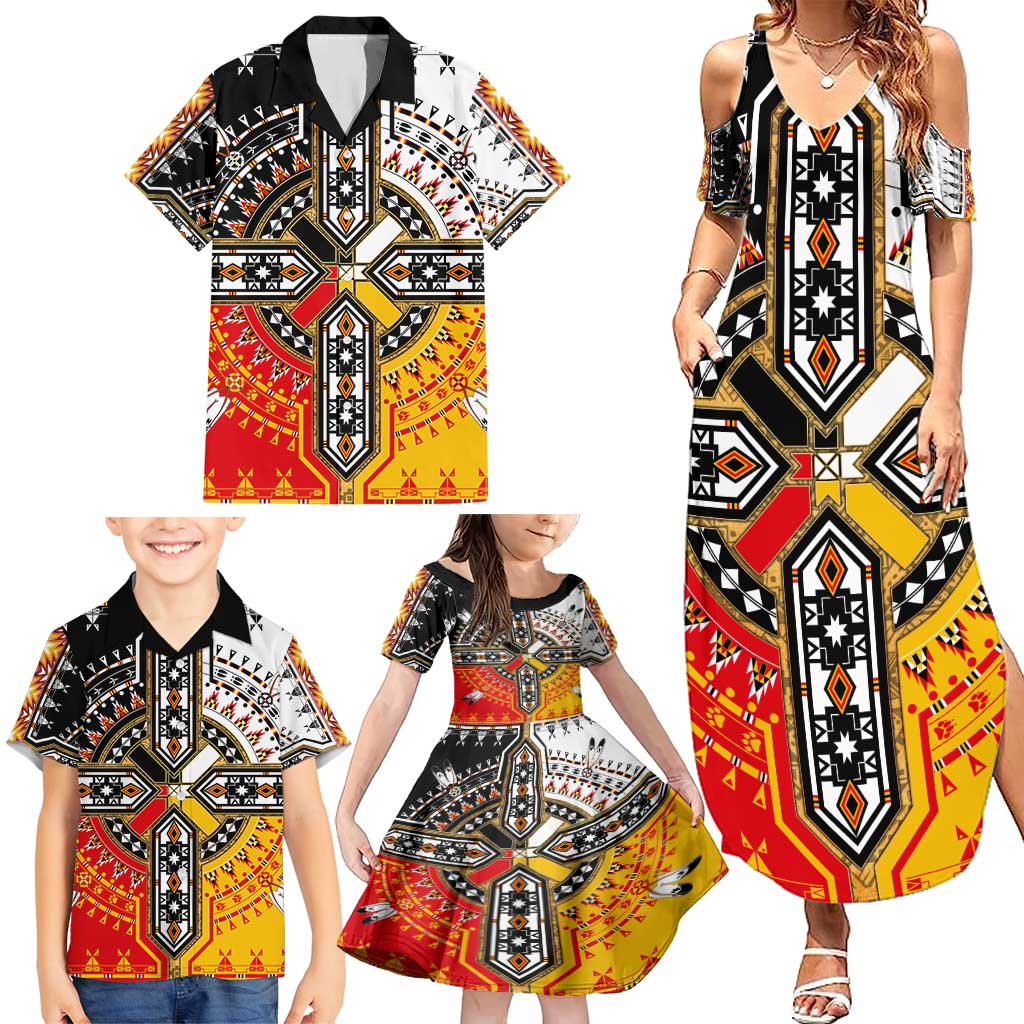 Four Directions Native American Family Matching Summer Maxi Dress and Hawaiian Shirt