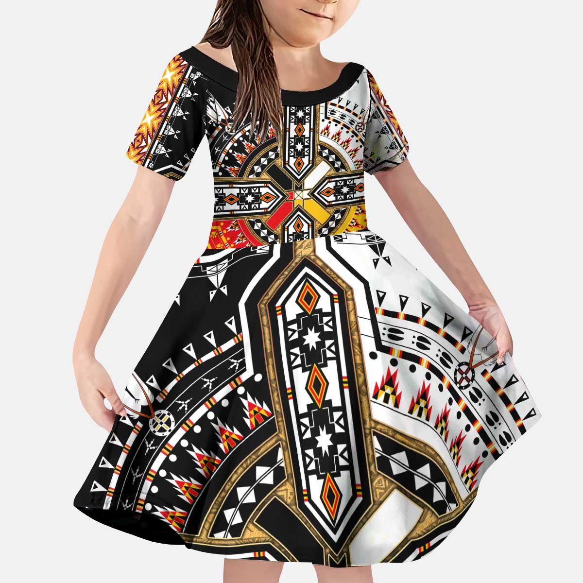 Four Directions Native American Kid Short Sleeve Dress - Wonder Print Shop