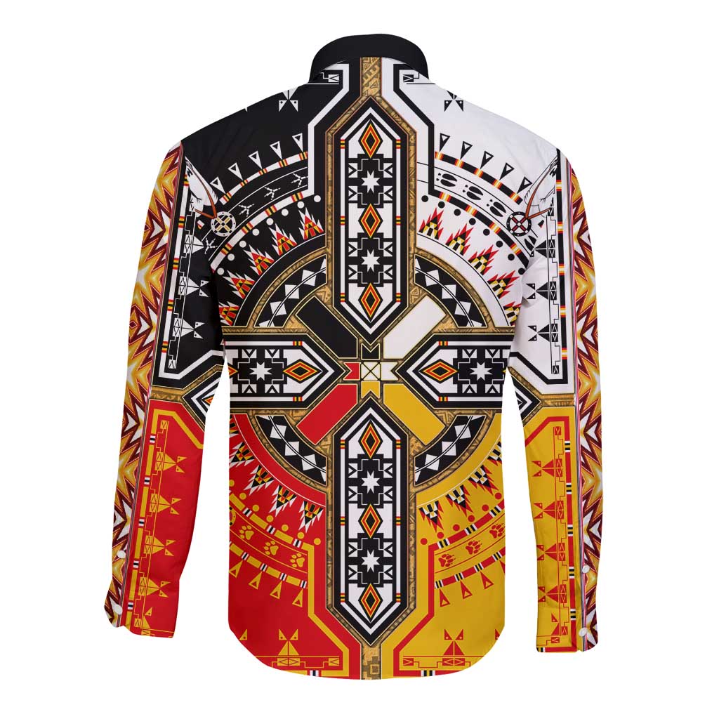 Long sleeve button shirt, back geometric cross print in black, white, red, yellow