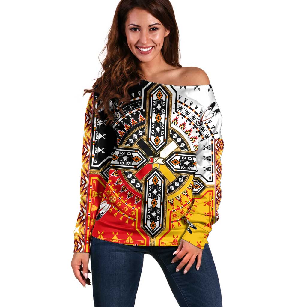 Four Directions Native American Off Shoulder Sweater - Wonder Print Shop