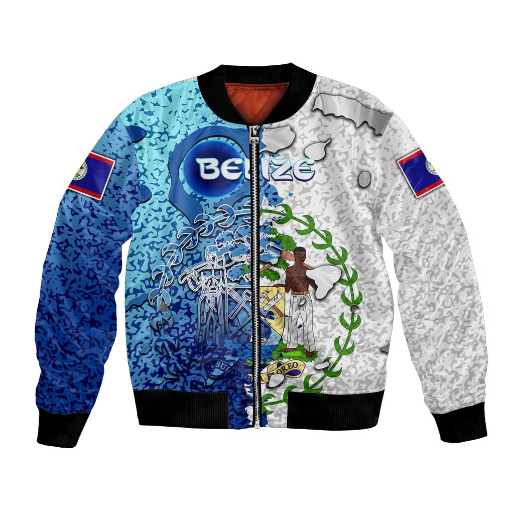 Zip-up bomber jacket, blue-and-white abstract splash print, black ribbed collar and cuffs