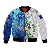 Zip-up bomber jacket, blue-and-white abstract splash print, black ribbed collar and cuffs