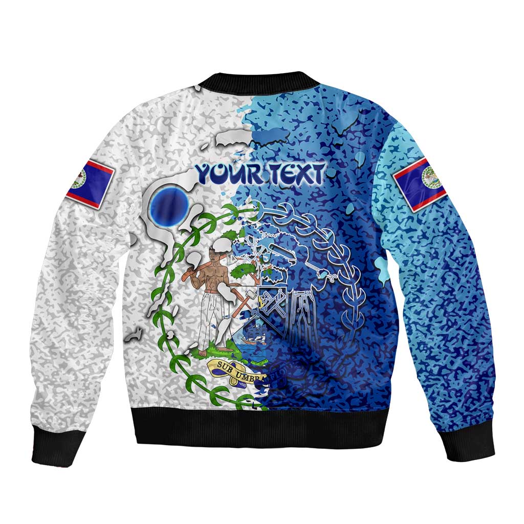Bomber jacket with white and blue abstract heritage print, YOURTEXT graphic on back