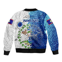 Bomber jacket with white and blue abstract heritage print, YOURTEXT graphic on back