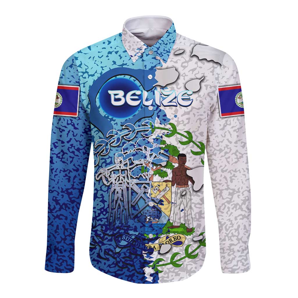 The Deep Heart Of Belize Long Sleeve Button Shirt Belize Abstract Heritage Ocean Blue Splash Art - Wonder Print Shop