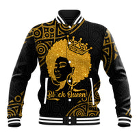 Black varsity baseball jacket with gold Queen portrait graphic, ribbed cuffs and collar