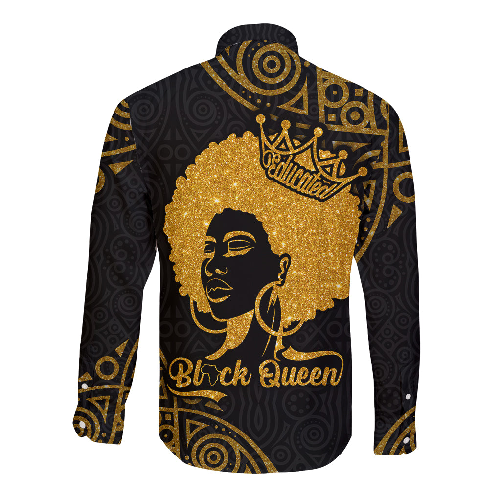 Black long-sleeve button shirt with large gold Queen portrait and crown