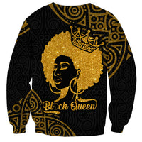 Black sweatshirt with gold glitter queen portrait, crown, and 'Bitch Queen' text