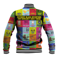 Multicolor baseball jacket with striped ribbed collar, graphic back print