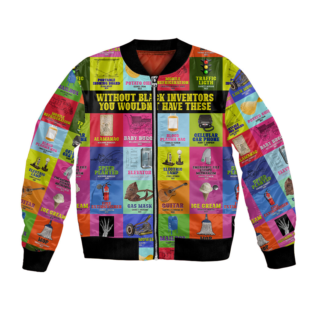 Multicolor bomber jacket with ribbed collar, cuffs, hem and bold inventor graphic print