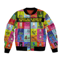 Multicolor bomber jacket with ribbed collar, cuffs, hem and bold inventor graphic print