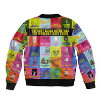 Multicolor bomber jacket with ribbed collar and large back slogan over inventor icon collage