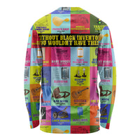 Long-sleeve crew-neck shirt with colorful inventor-themed icons and text across front