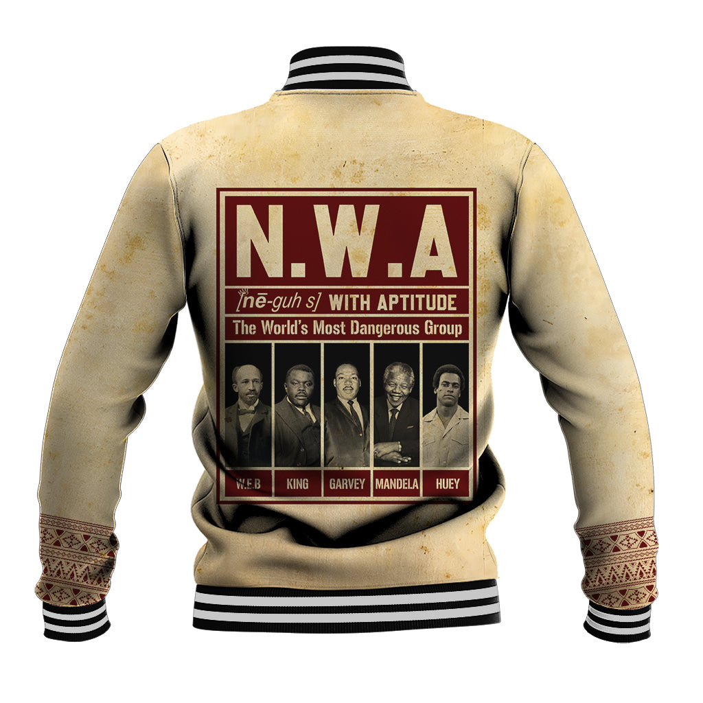 Unisex cream baseball jacket with ribbed varsity cuffs and N.W.A back graphic panel