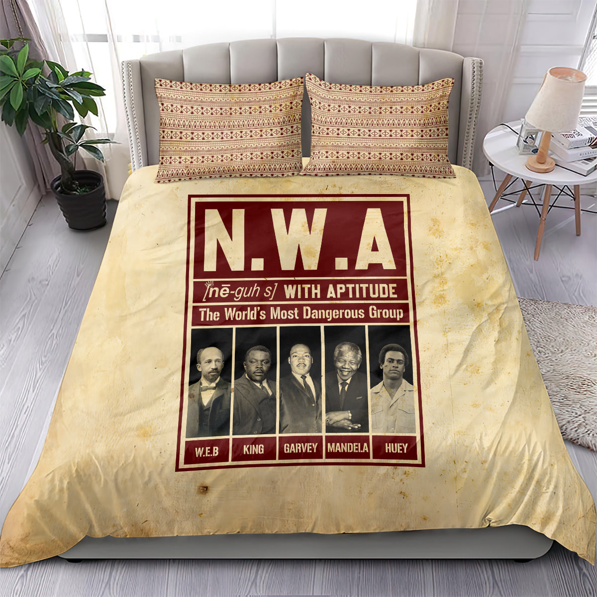 Beige N.W.A graphic duvet cover with two patterned rectangular pillowcases