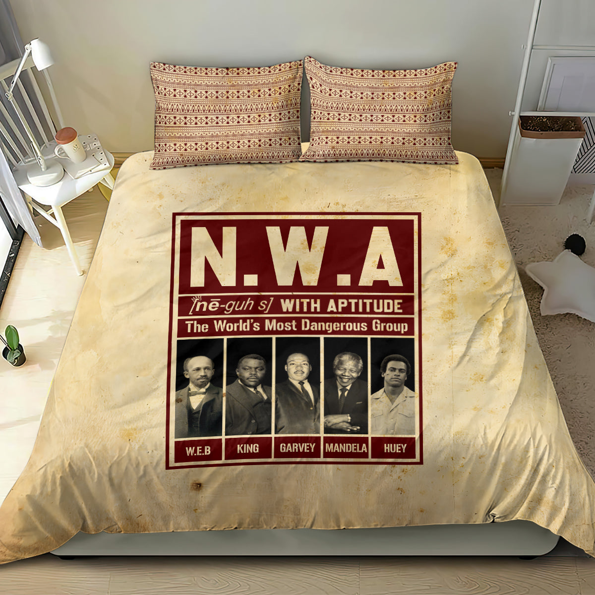 Beige N.W.A duvet cover with two patterned decorative pillowcases