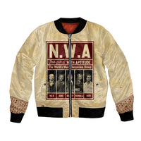 Cream bomber jacket with N.W.A graphic patch, zip front, ribbed cuffs and hem.