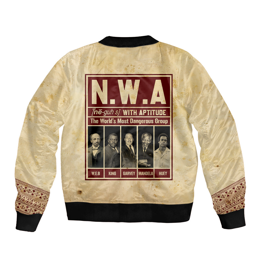 Cream bomber jacket with N.W.A back graphic, ribbed collar, ribbed cuffs and hem.
