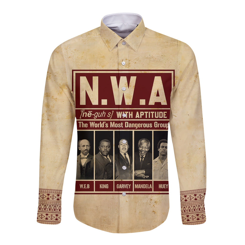 Tan long sleeve button shirt with N.W.A front graphic print and patterned cuffs
