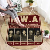 Round N.W.A graphic rug with red border, portrait row, and names W.E.B, King, Garvey