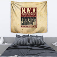 Beige N.W.A tapestry wall hanging with centered logo and member lineup panel